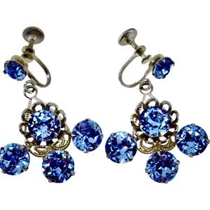 Antique Blue Czech Glass Screw Back Drop Earrings Floral Filagree Detail Riveted